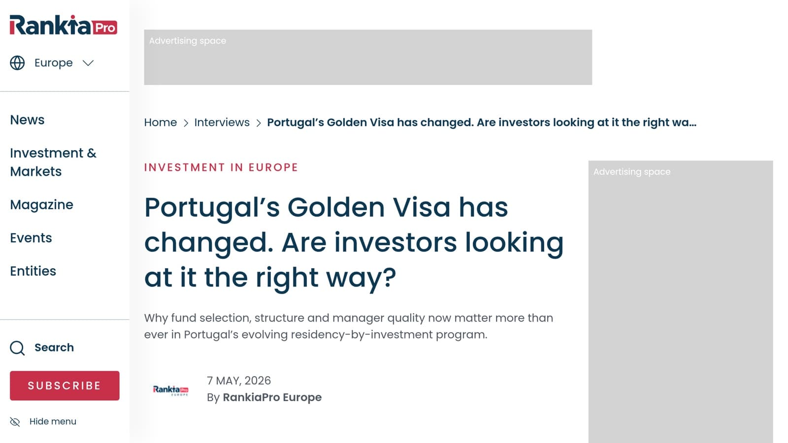 RankiaPro — Portugal's Golden Visa has changed. Are investors looking at it the right way?